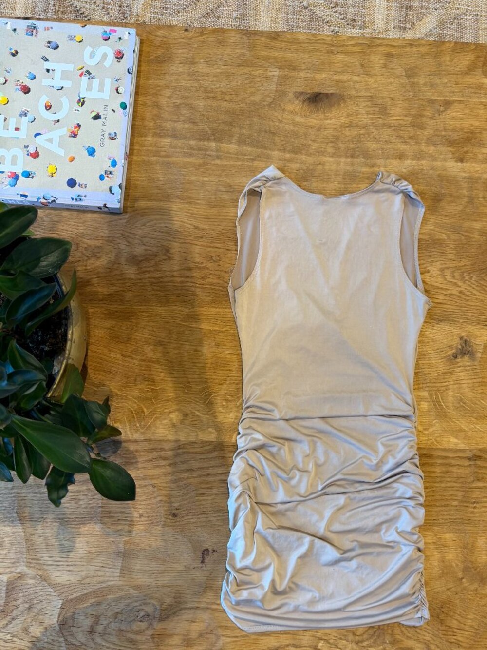 Beige Low-Cut Wrapped Ruched Dress - Picture 3 of 5